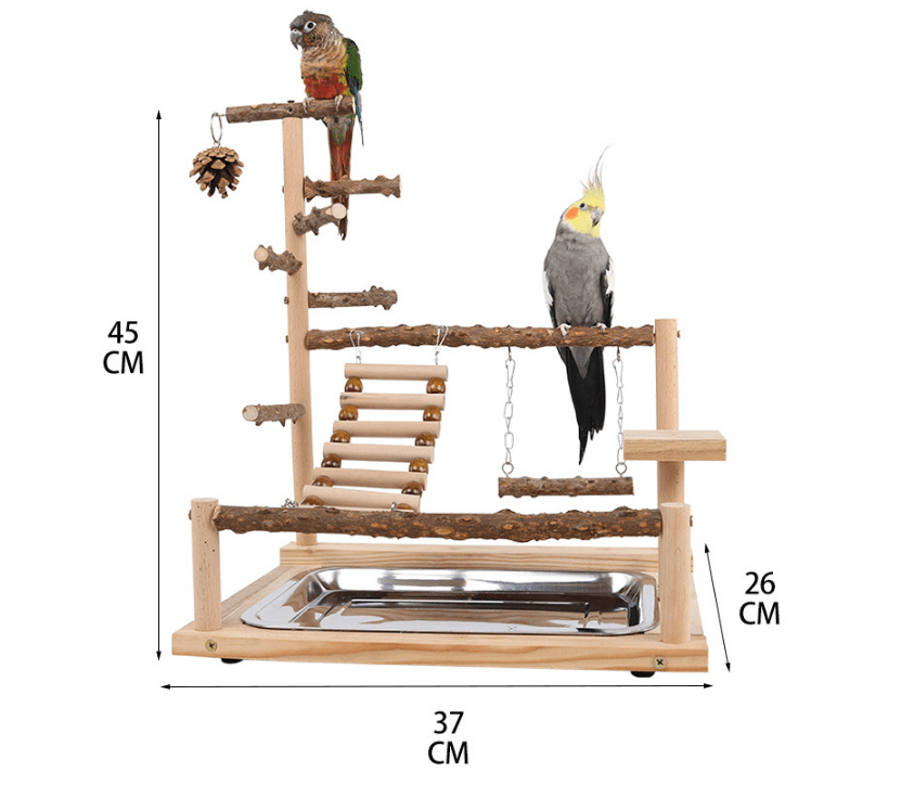 Natural Wooden Bird Play Stand - Multi-Level Parrot Perch with Toys & Ladder - Plumas Rebeldes