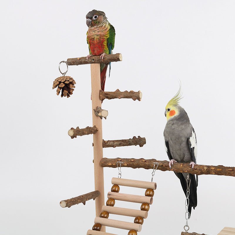 Natural Wooden Bird Play Stand - Multi-Level Parrot Perch with Toys & Ladder - Plumas Rebeldes
