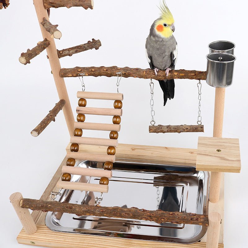 Natural Wooden Bird Play Stand - Multi-Level Parrot Perch with Toys & Ladder - Plumas Rebeldes